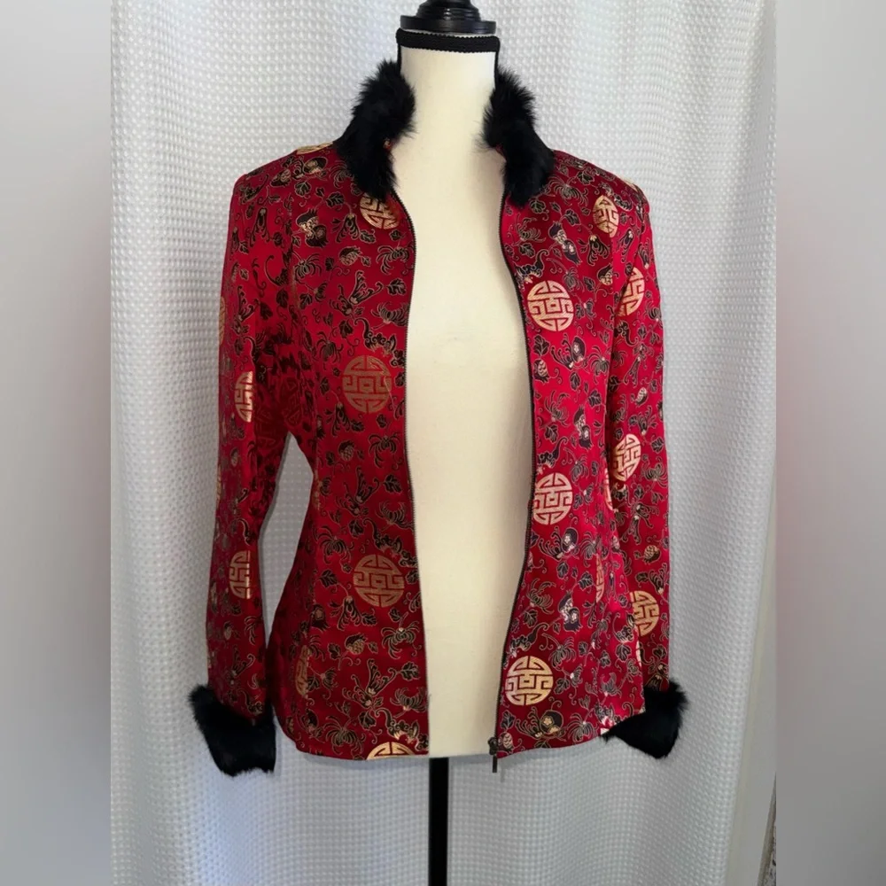 Chinese Silk Blend Jacket Rabbit Fur Collar Red Tailored blazer sz L /US Small - Picture 9 of 14